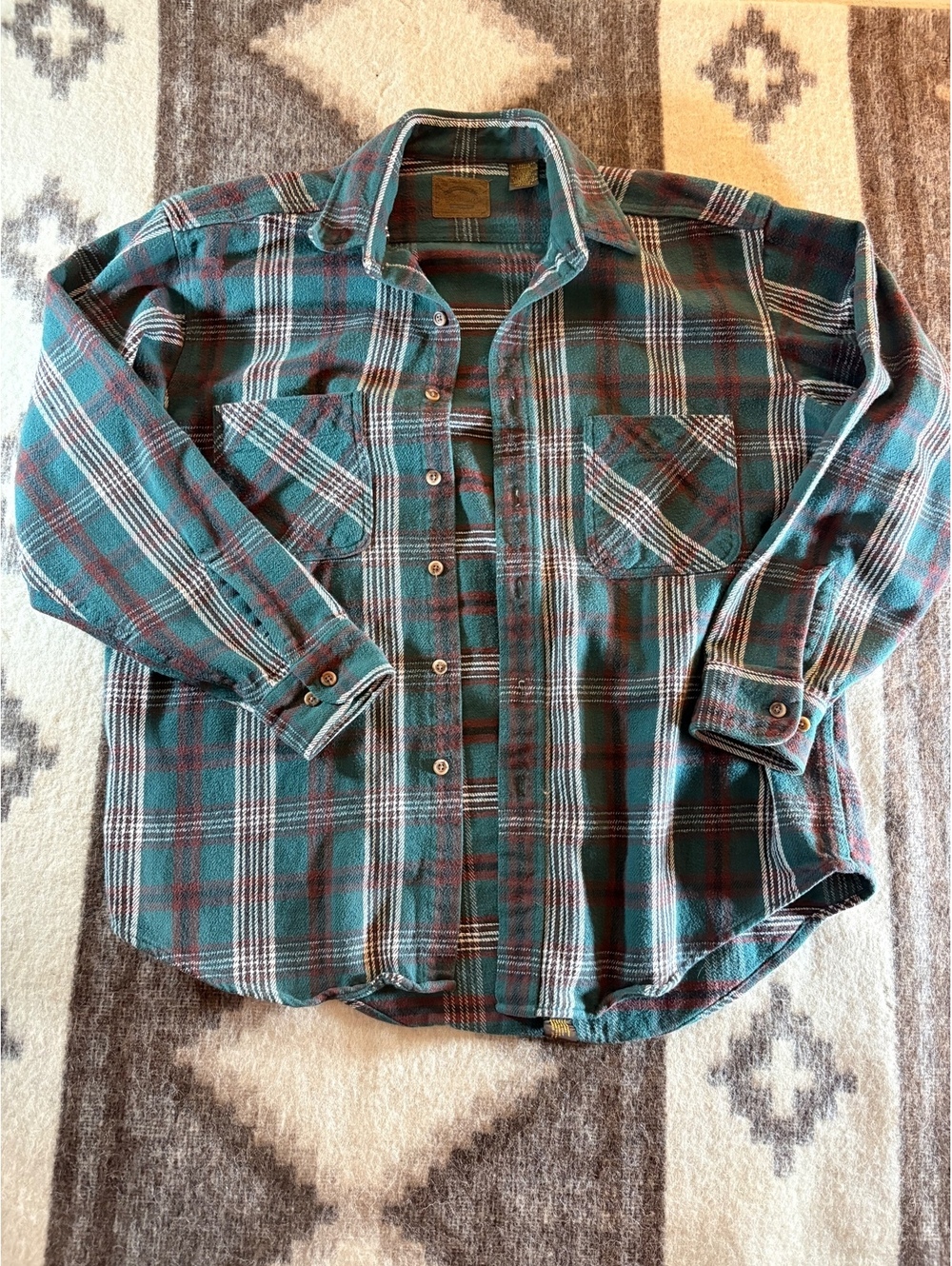 Vintage St John's Bay Heavyweight Flannel Shirt Teal Plaid Mens Large Reg